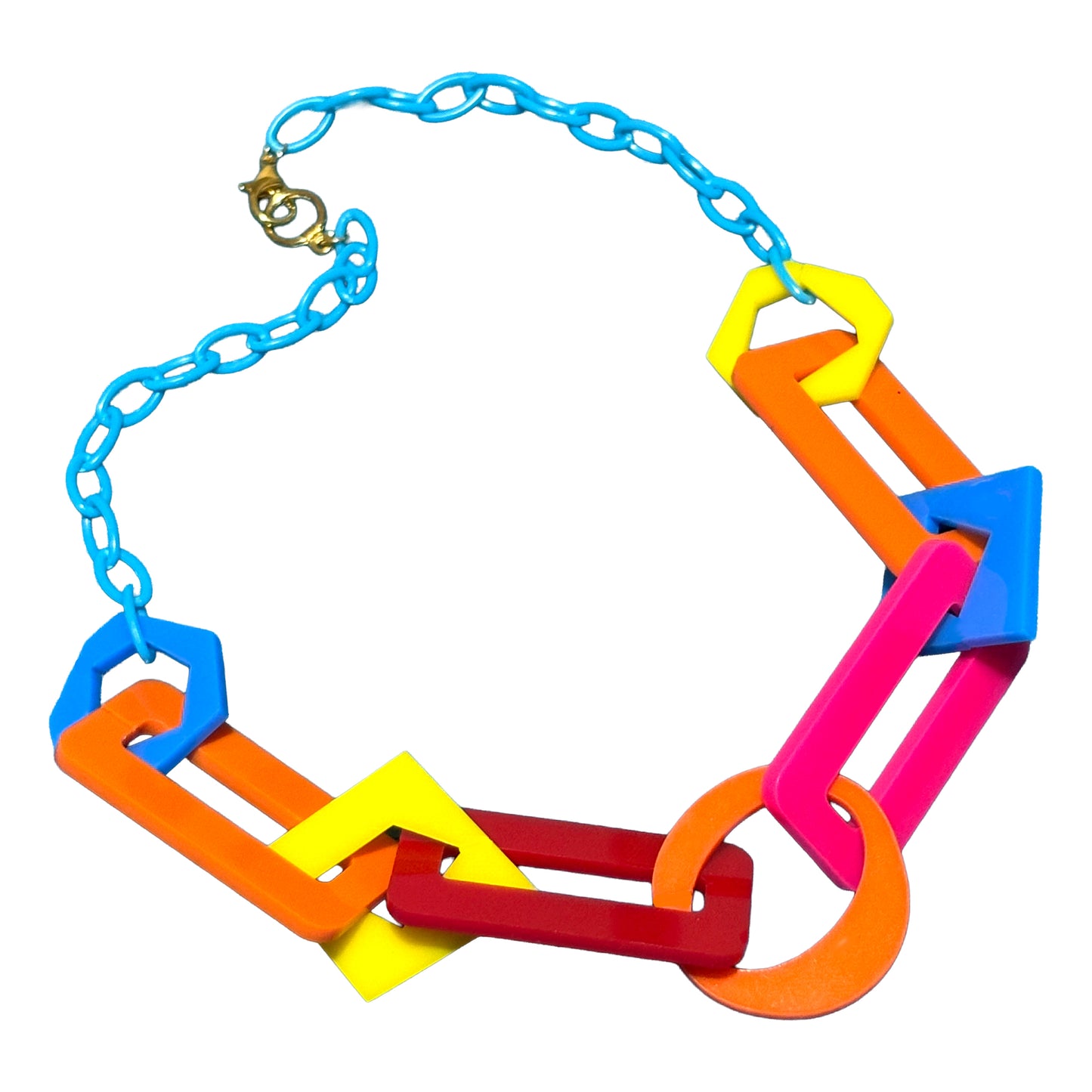 Colorful chain necklace with geometric links on a white background