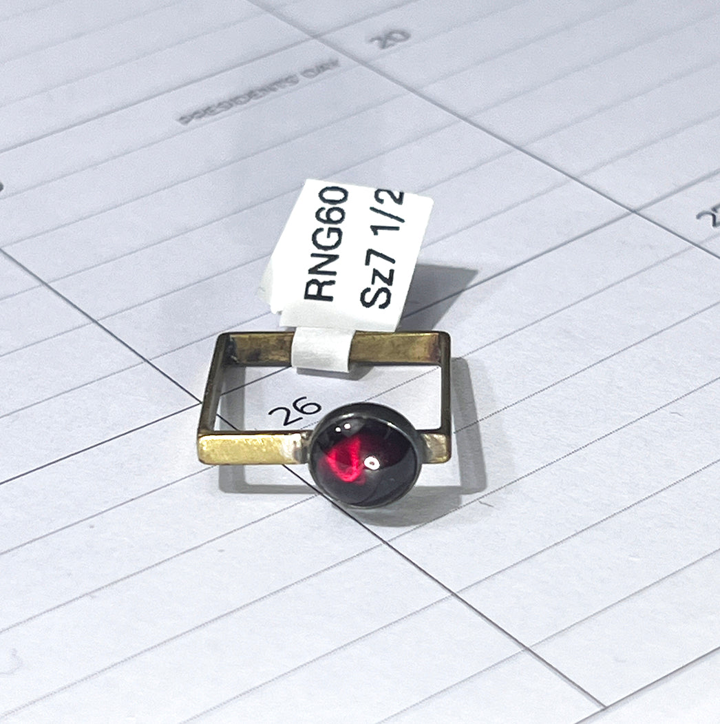 Squared Large Garnet and Brass Ring size 7 1/2