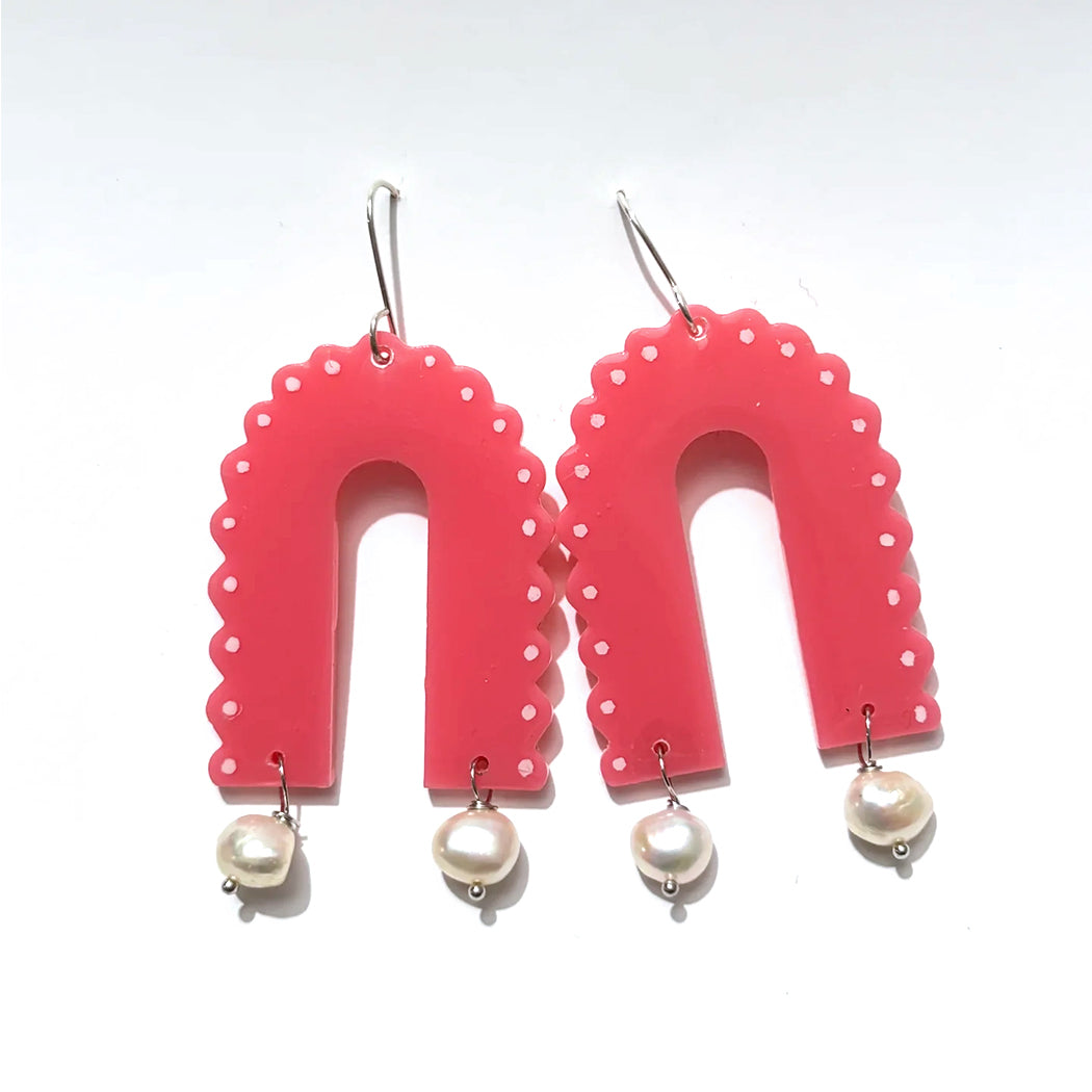 Bold large pink scalloped arch earrings with freshwater pearl dangles from Audacious Studio.