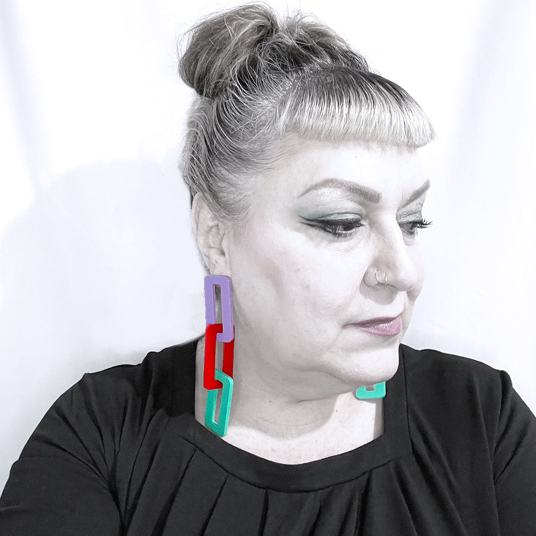 Extra Large Link Earrings - Lavender, Red and Aqua