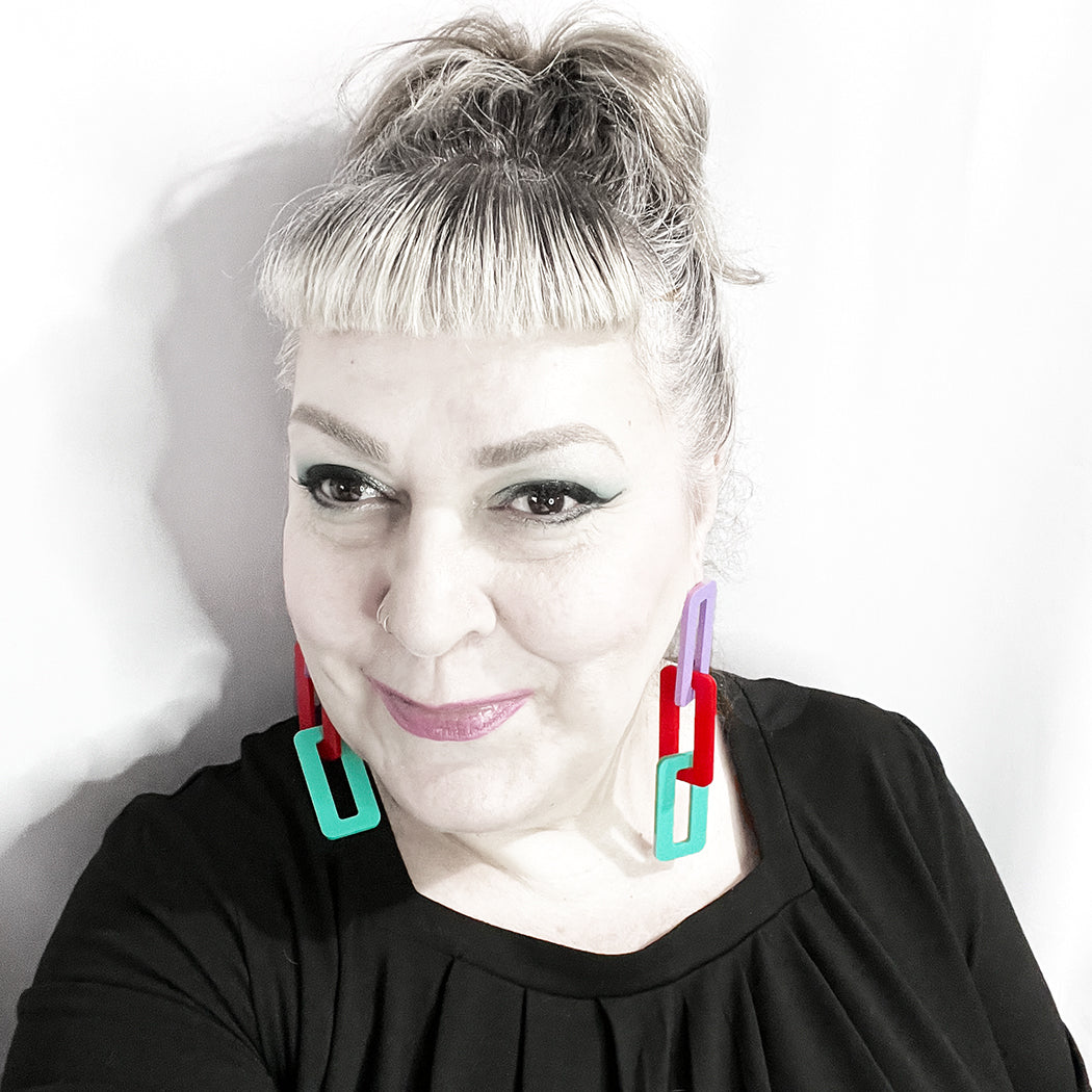 Extra Large Link Earrings - Lavender, Red and Aqua