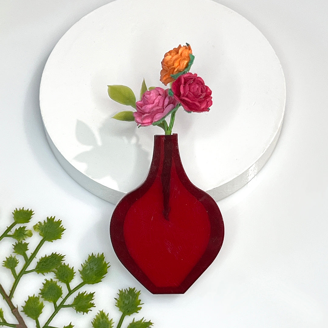 Mid Century Round Vase Brooch - Transparent Red