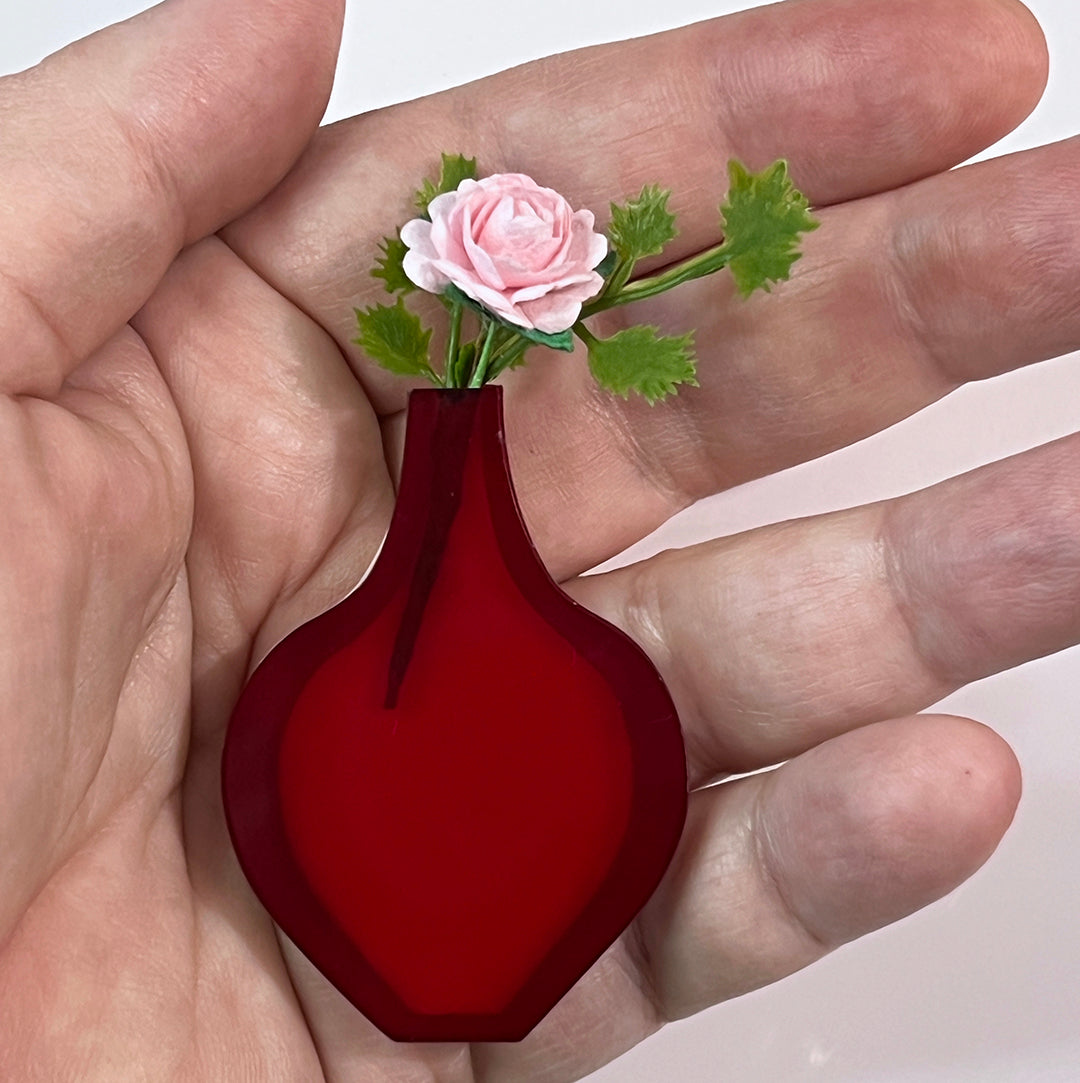 Mid Century Round Vase Brooch - Transparent Red