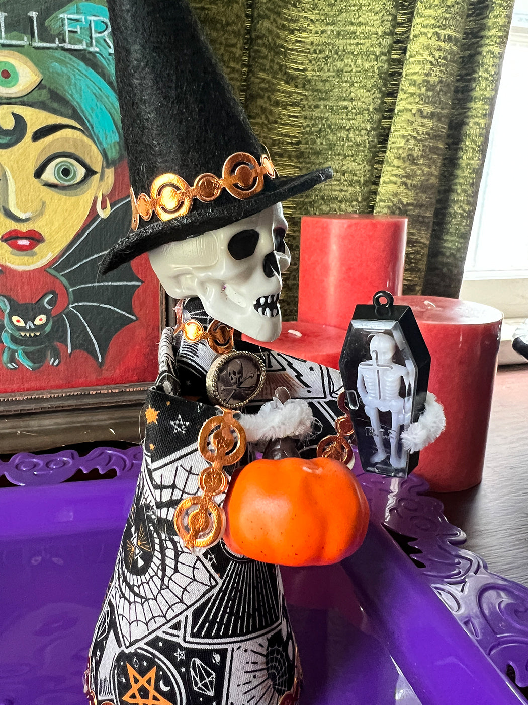 Retro Witch Doll - Skull head with pumpkin
