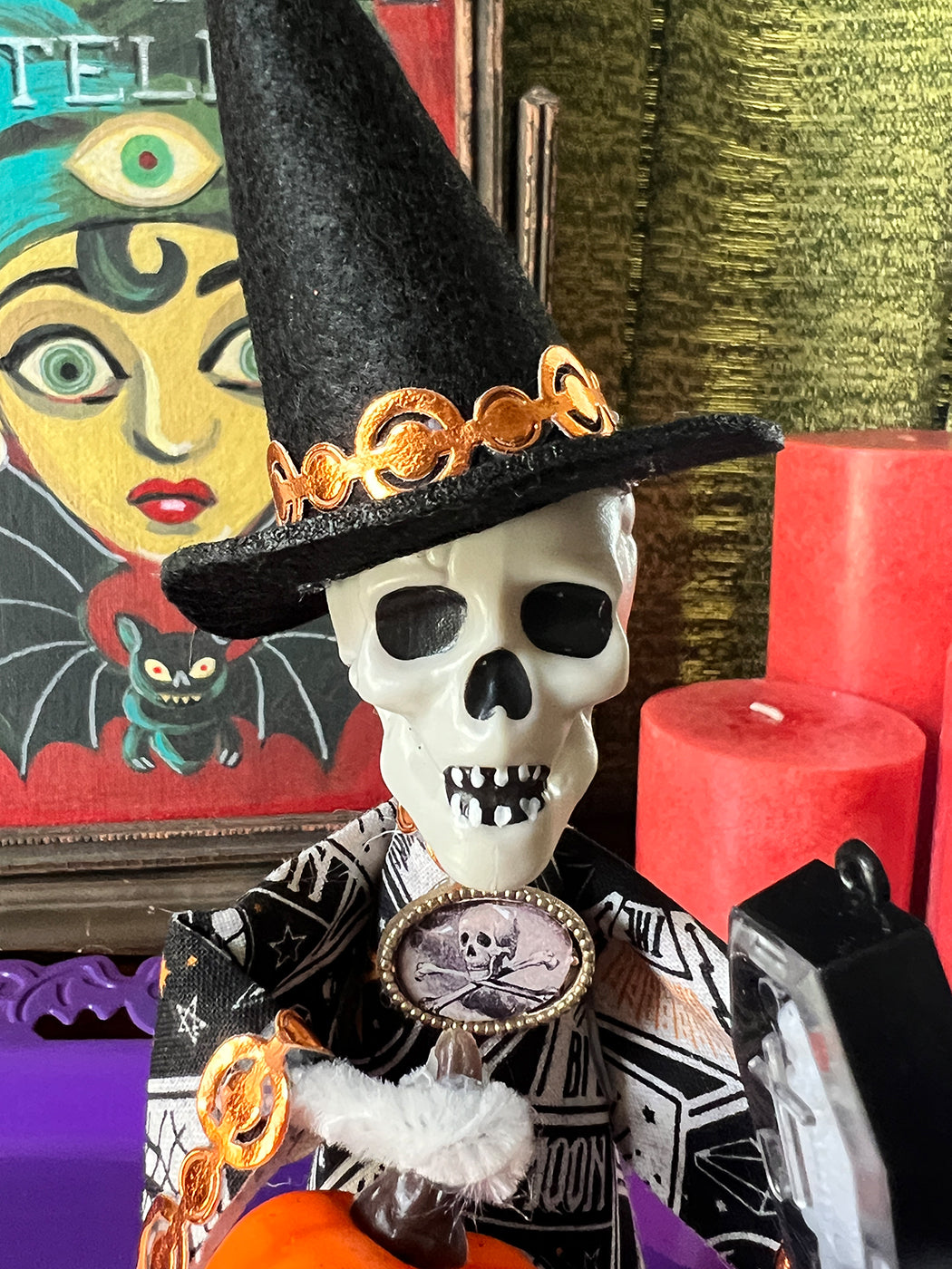 Retro Witch Doll - Skull head with pumpkin