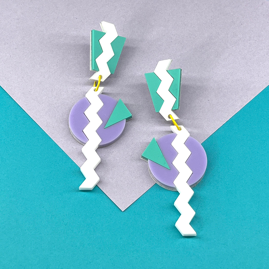 Big and bold 80's Memphis art style earrings from Barbe Saint John.