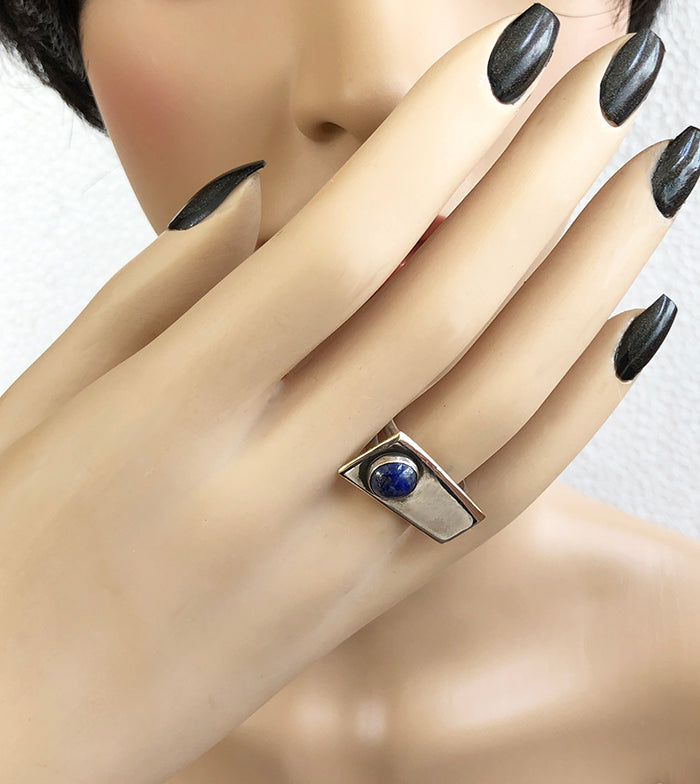 Googie Inspired Sterling and Lapis Ring size 8