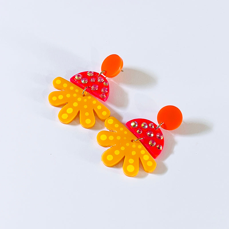 Groovy Spring, bright painted flower earrings with rhinestone details from by Barbe Jewelry.