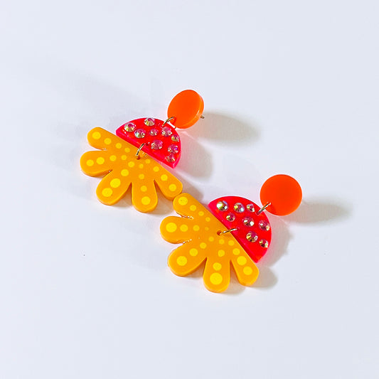 Groovy Spring, bright painted flower earrings with rhinestone details from by Barbe Jewelry.