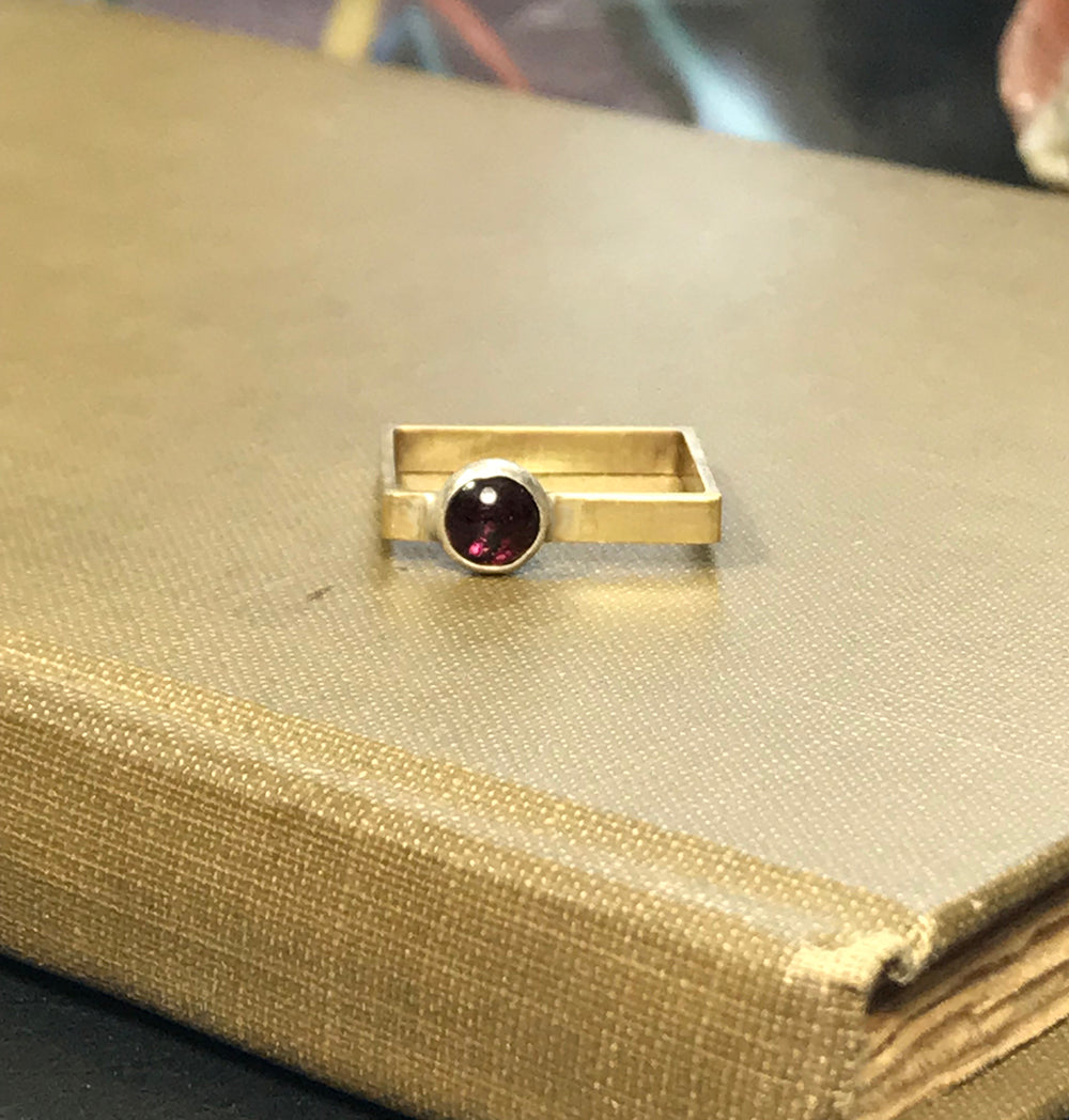 Squared Garnet and Brass Ring size 7 1/2