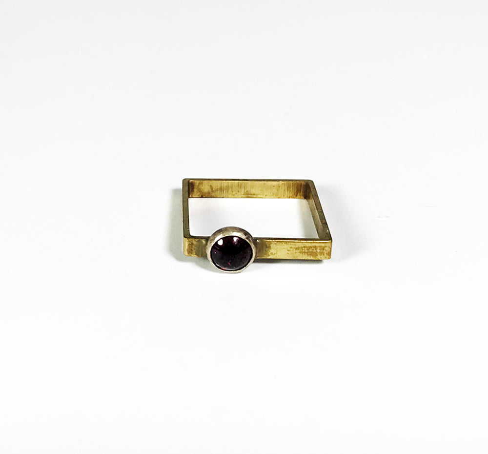 Squared Garnet and Brass Ring size 7 1/2