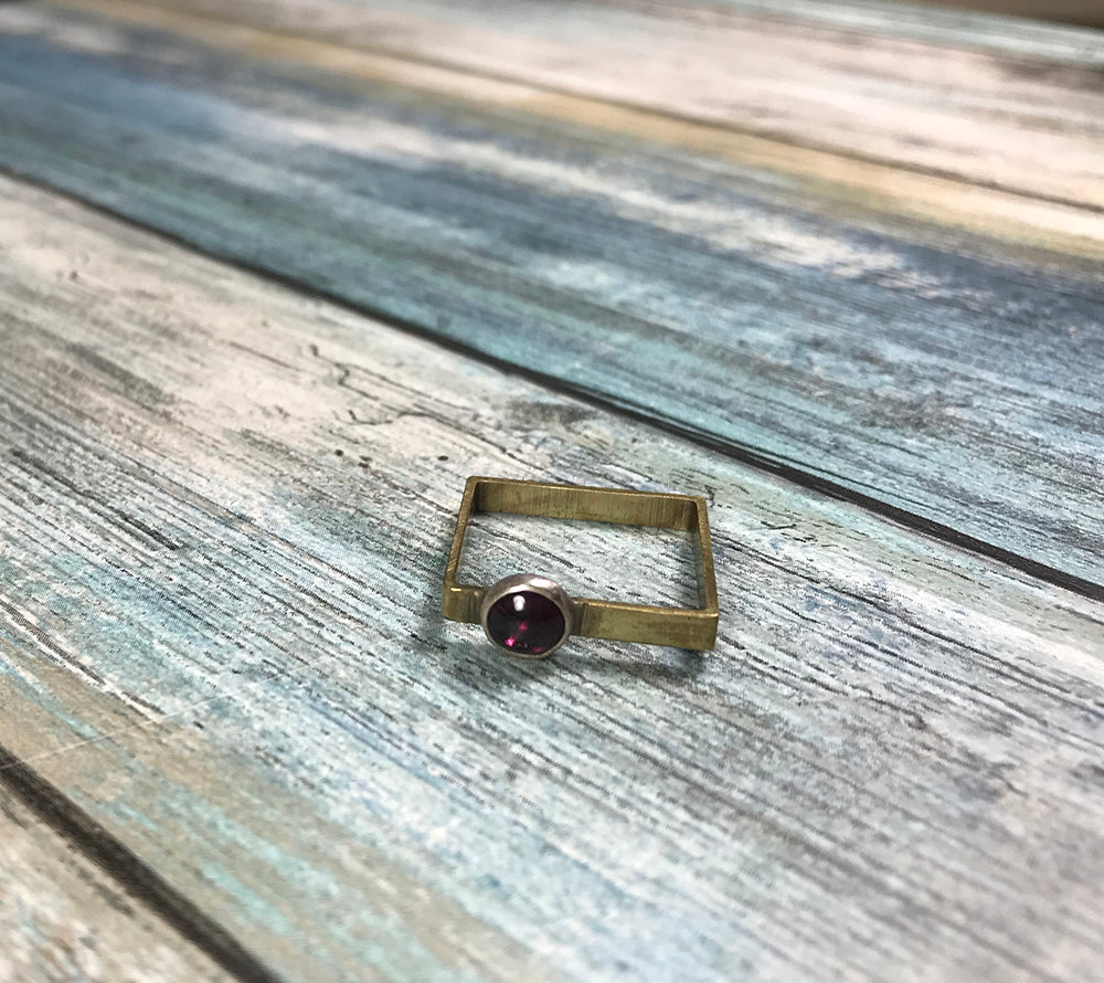 Squared Garnet and Brass Ring size 7 1/2