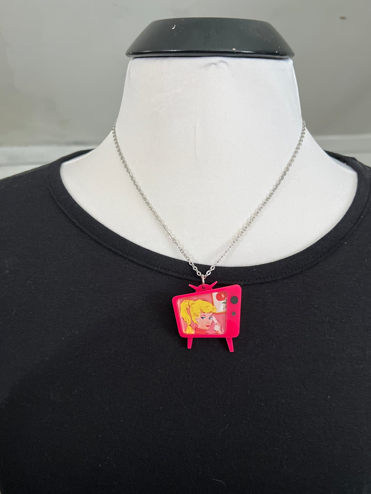 Vintage Barbie Pink Retro TV Necklace