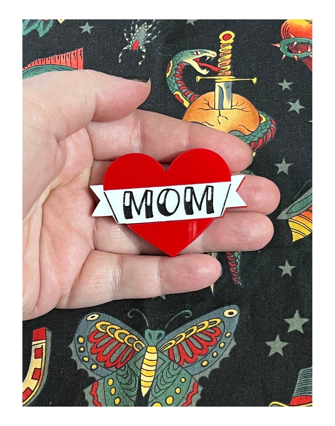 Mom Tattooed Heart Brooch