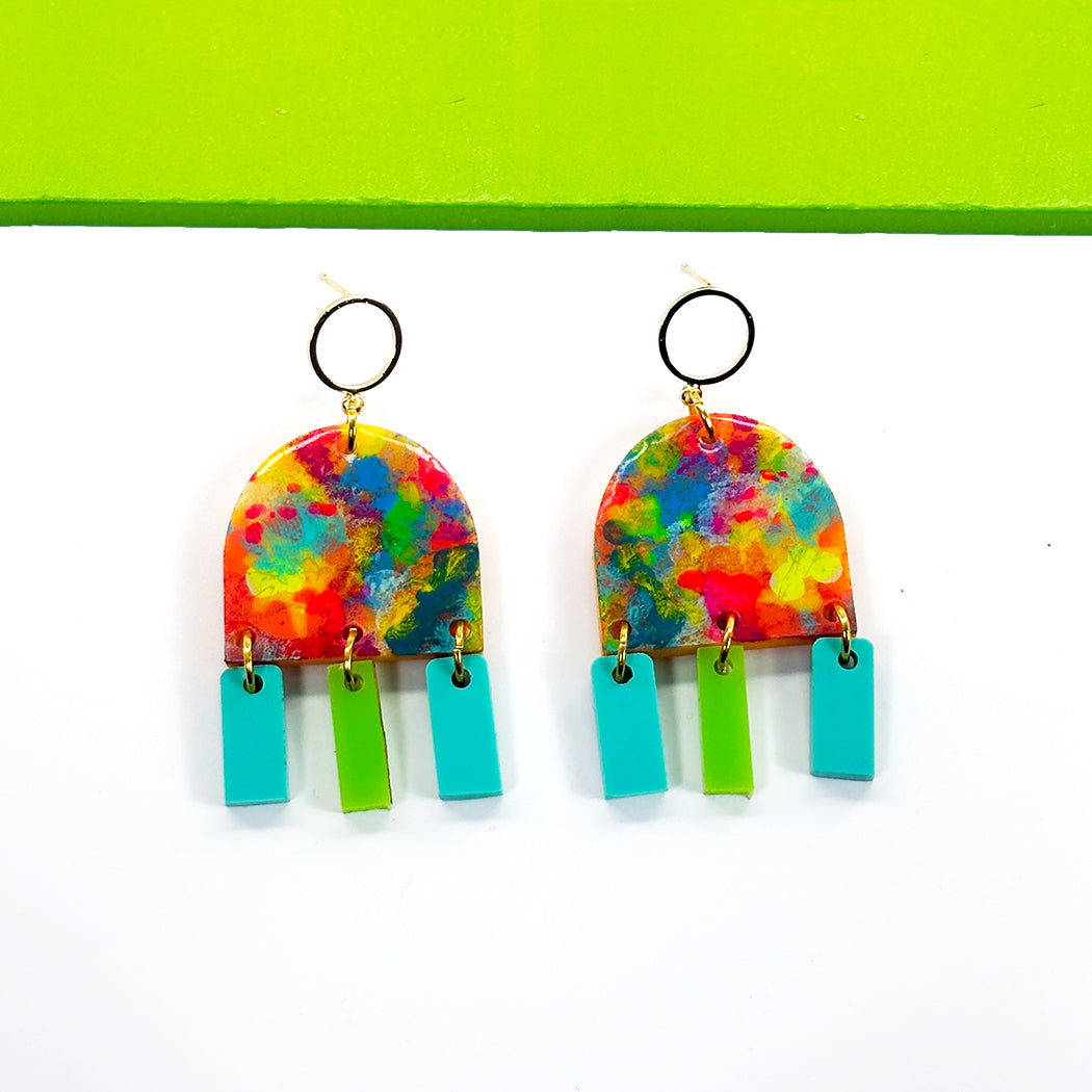 Neon Impressionist Earrings in Aqua and Green