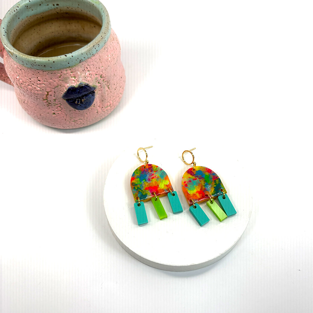 Neon Impressionist Earrings in Aqua and Green