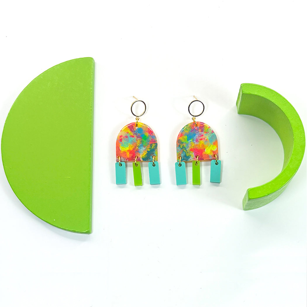 Neon Impressionist Earrings in Aqua and Green