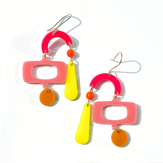 Asymetrical Mobile Earrings Pink, Yellow & Orange