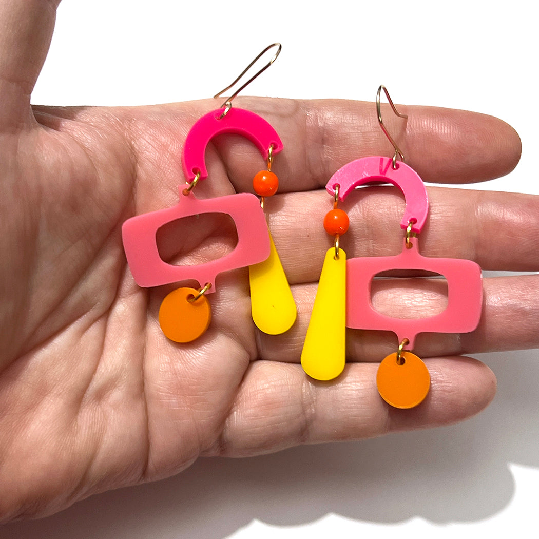 Asymetrical Mobile Earrings Pink, Yellow & Orange