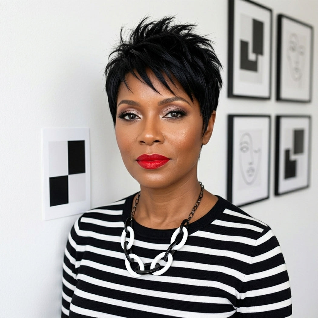 Woman with short black hair wearing a black and white striped shirt with a necklace, standing in front of framed art on a white wall.
