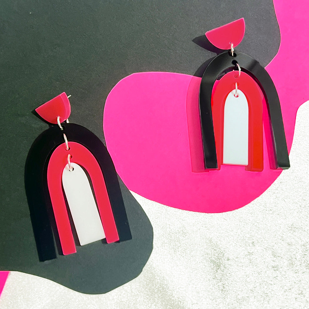 Hot Pink, Black and White Arch Earrings