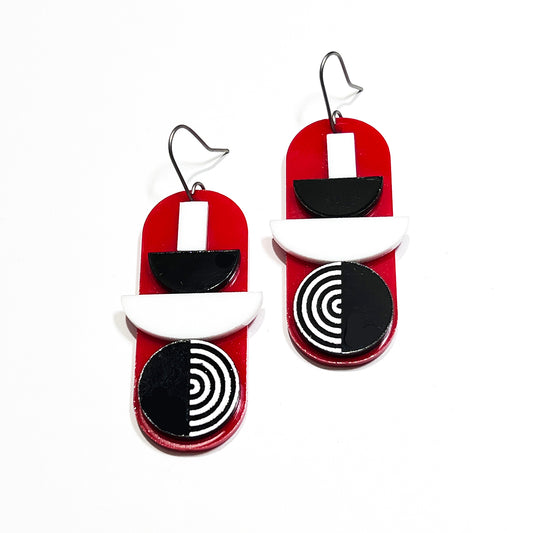 Black, white and red 60s's Mod inspired acrylic earrings.