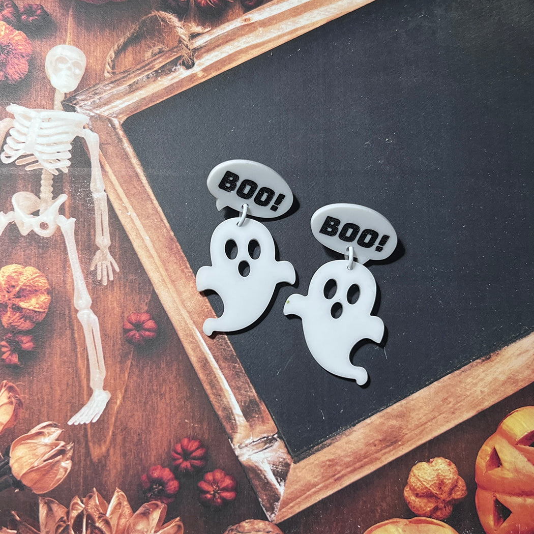 Acrylic Ghost and BOO! earrings by Barbe Saint John