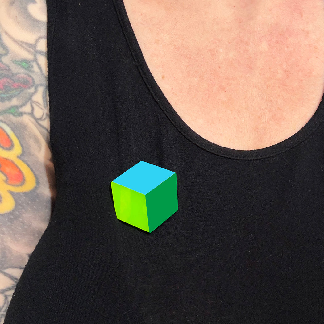 Color Block Cube Brooch — Blue & Green