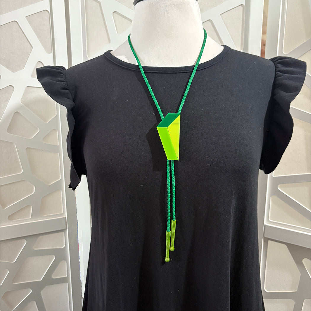 Style shot of Vernor Panton inspired geometric bolo tie.