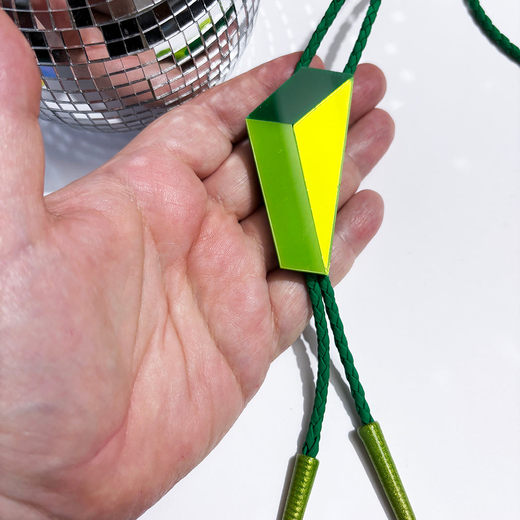 Tri color green modernist bolo tie.
