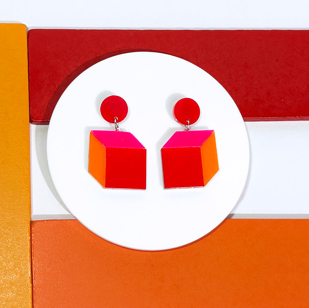 Trompe L'oeil Cube Earrings - Vibrant