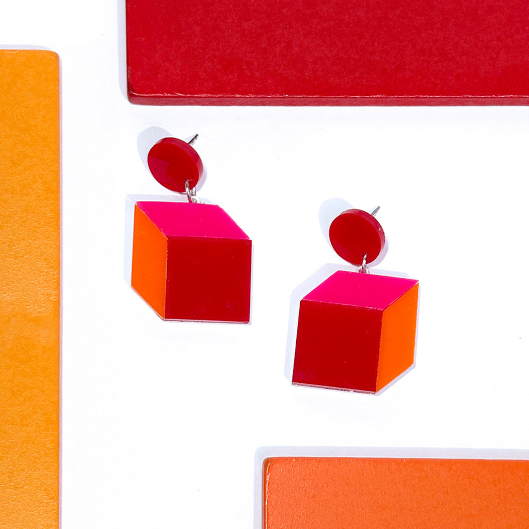 Trompe L'oeil Cube Earrings - Vibrant