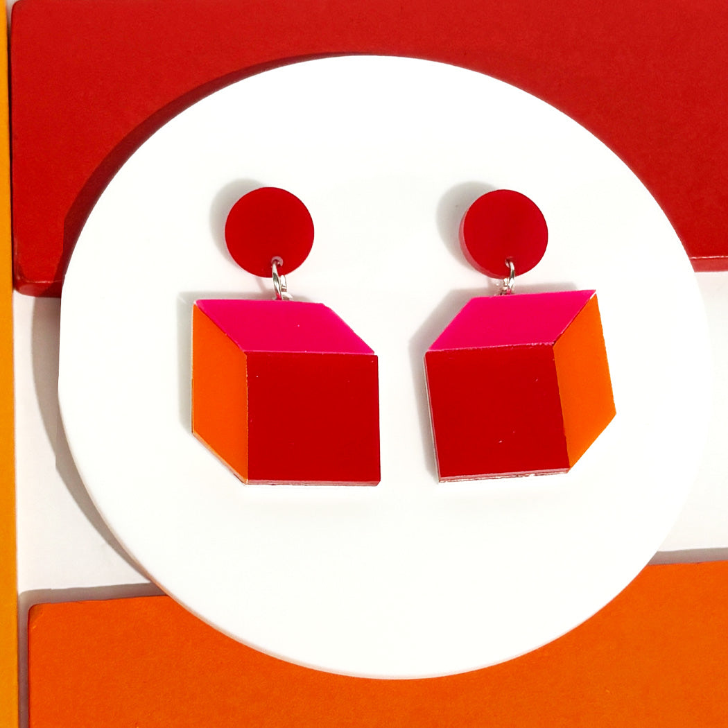 Trompe L'oeil Cube Earrings - Vibrant