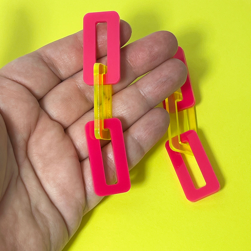 Large Link Earrings - Hot Pink and Neon Yellow