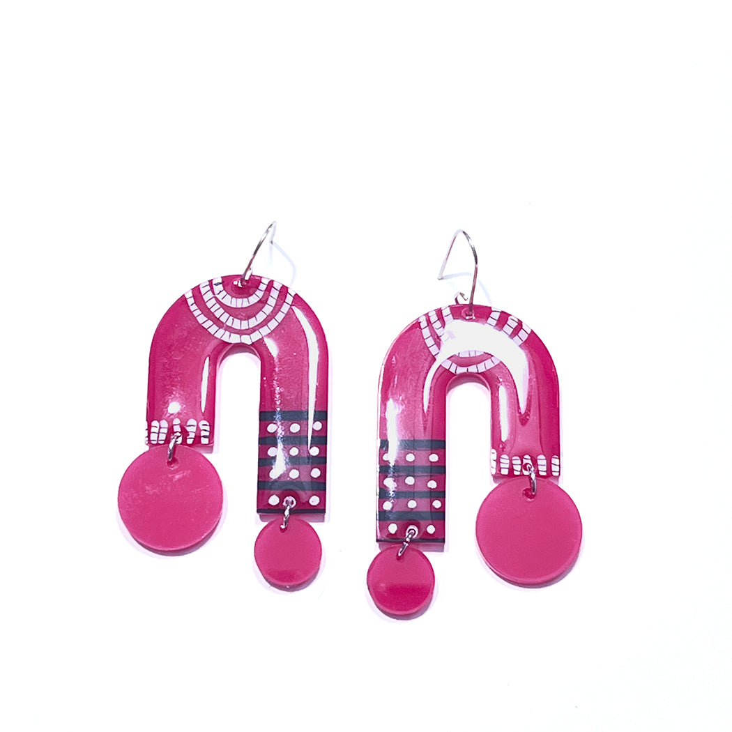 Boho magenta pink hand painted mobile statement earrings.
