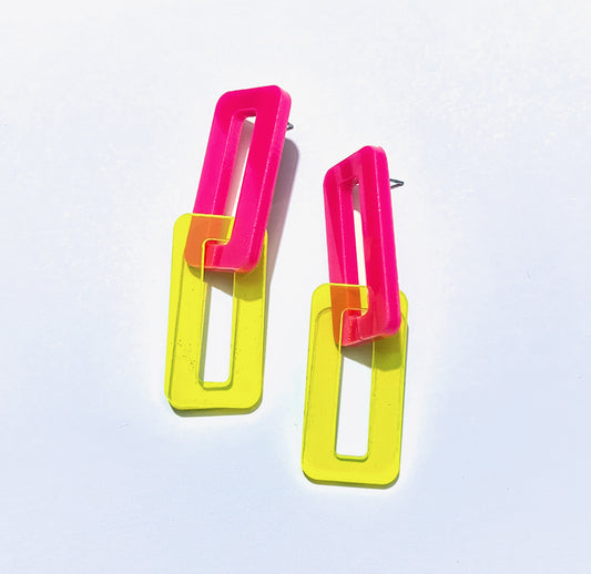 Chunky hot pink and neon yellow geometric acrylic chain link earrings from Audacious Studio. 