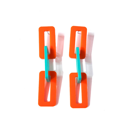 Large Link Earrings - Orange and Aqua