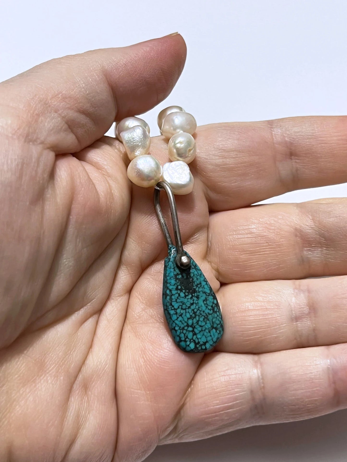 Knotted Freshwater Pearl and Turquoise Rain Drop Necklace