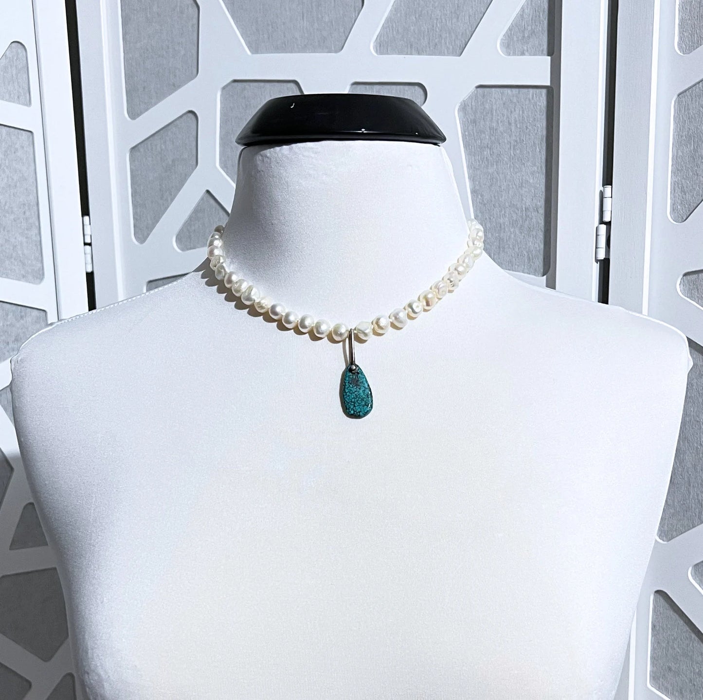 Knotted Freshwater Pearl and Turquoise Rain Drop Necklace