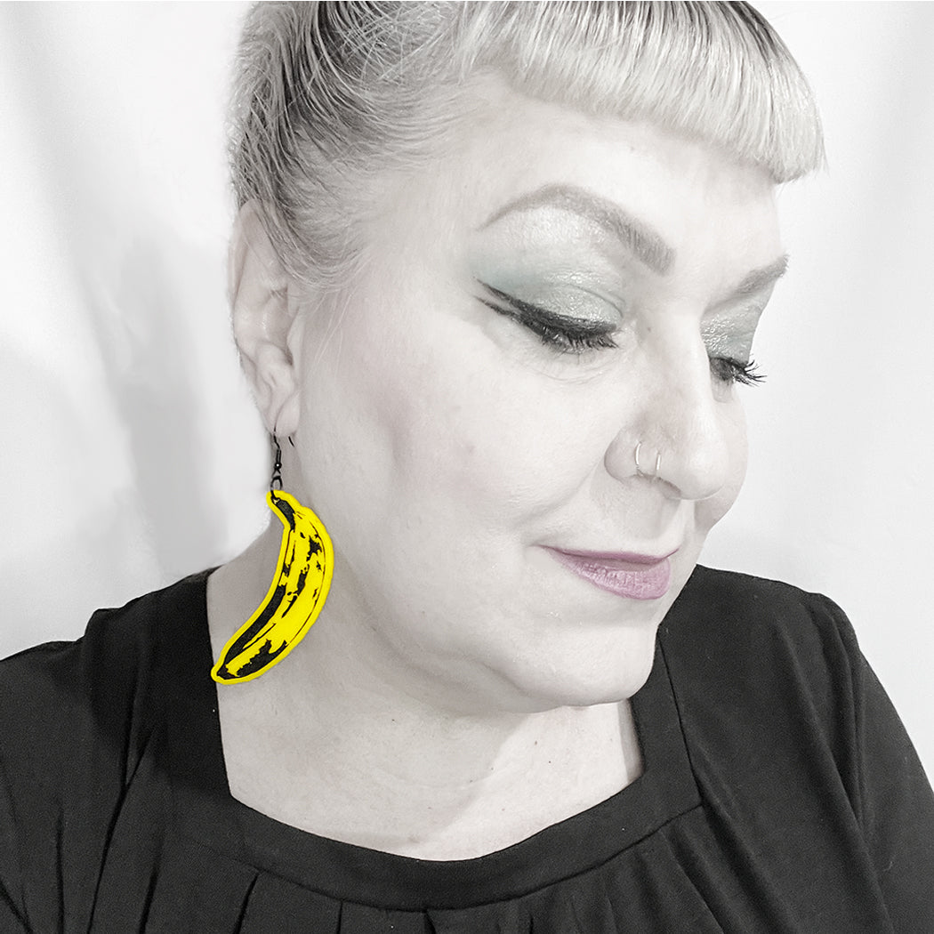 Bright yellow artistic banana earrings by Barbe Saint John