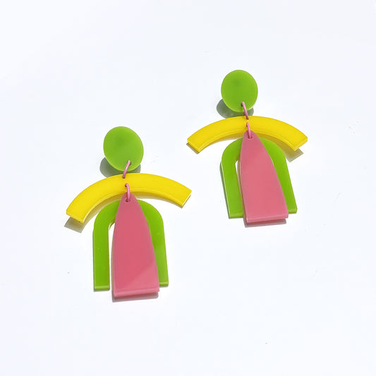 Pop Art Arch Drop Earrings — Green, Yellow & Pink