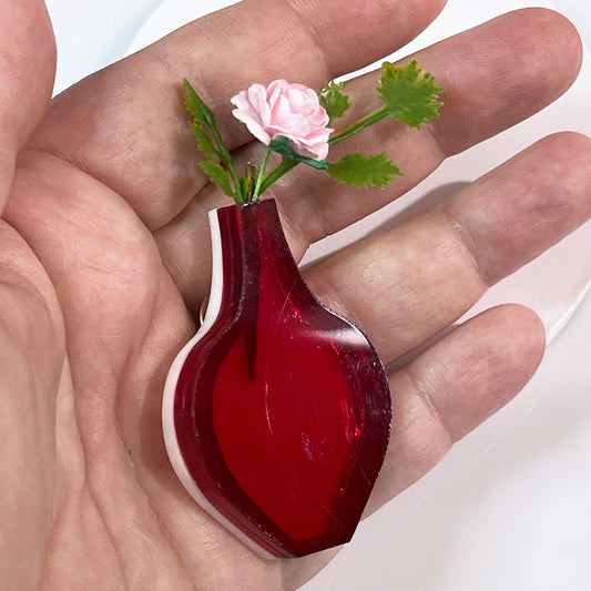 Mid Century Round Vase Brooch - Transparent Red