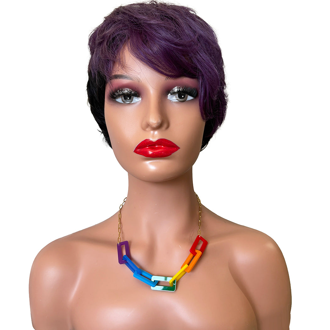 Mannequin head with a purple wig and colorful necklace on a white background