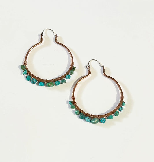 Boho Goddess Copper and Old Turquoise Wirewrapped Hoop Earrings