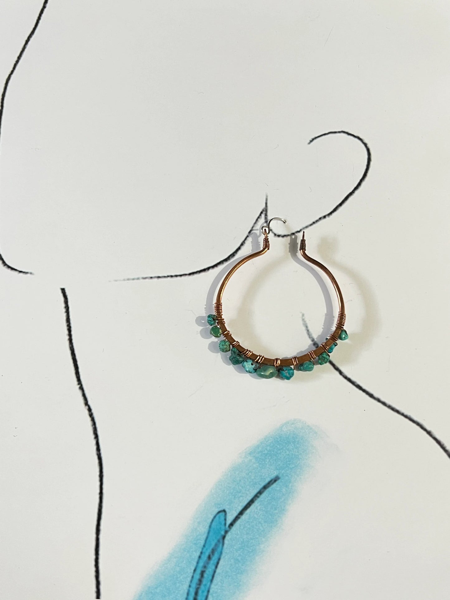 Boho Goddess Copper and Old Turquoise Wirewrapped Hoop Earrings