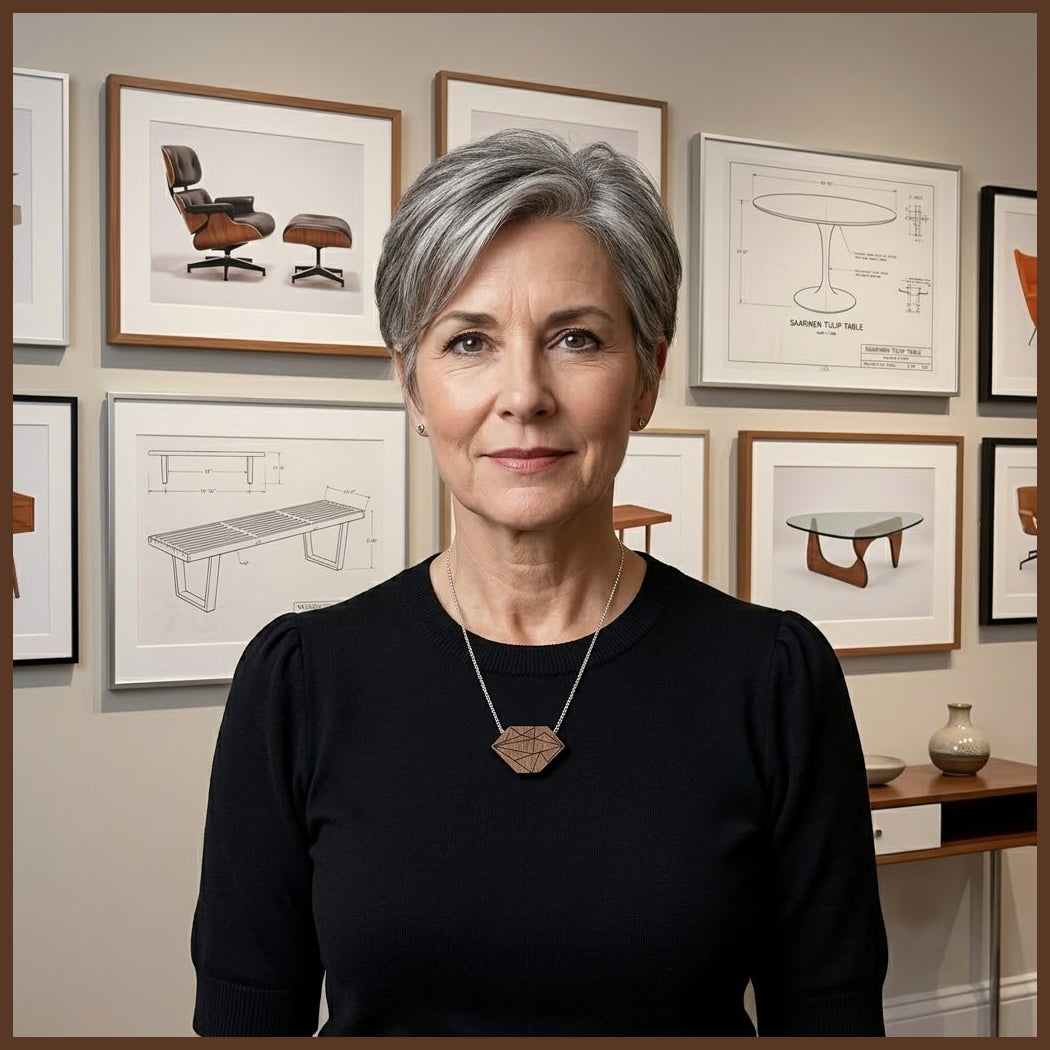 Sophisticated woman with silver hair in a modern art gallery wearing a geometric, faceted walnut wood trapezoid pendant necklace on a silver chain over a black top.