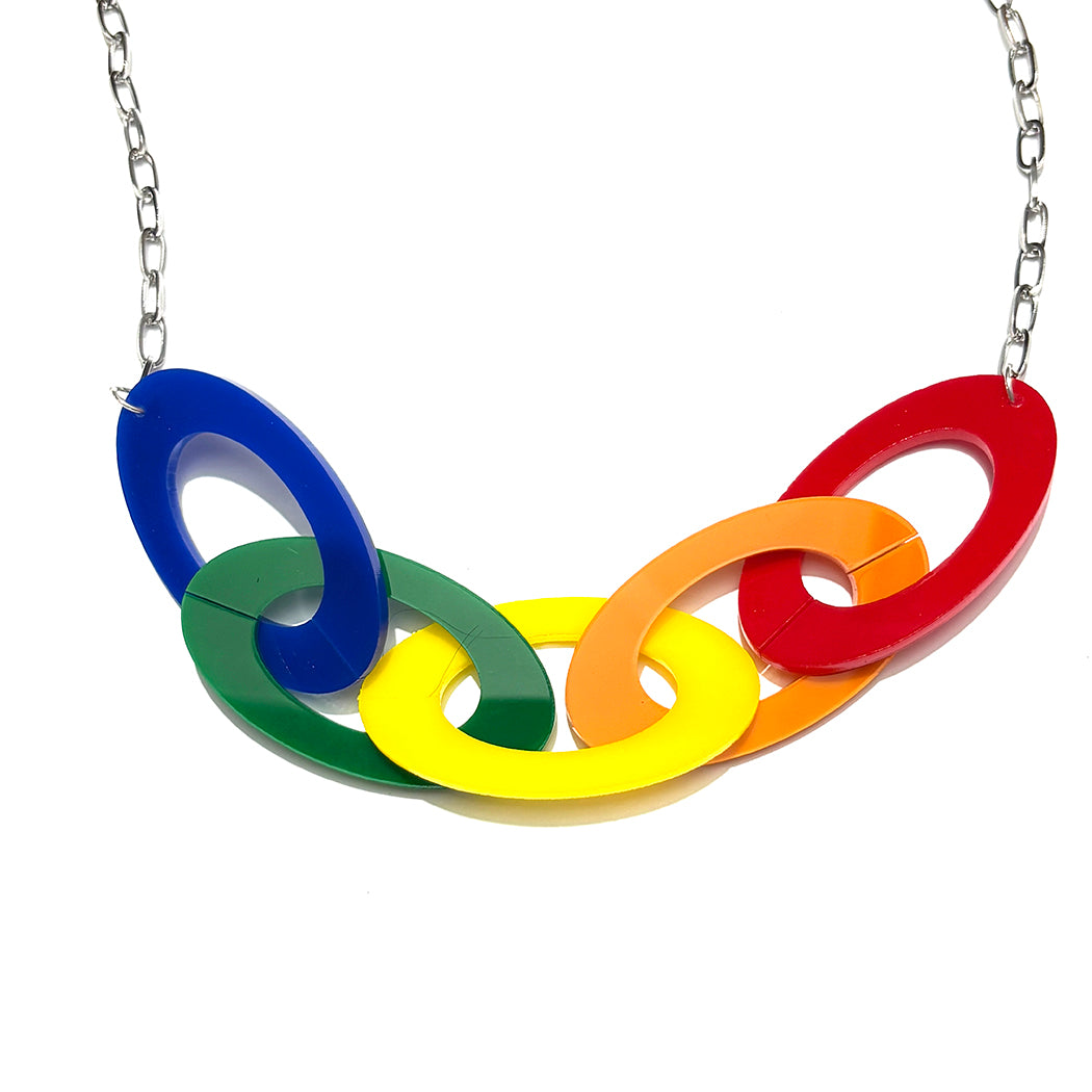 Colorful necklace with interlocking rings on a white background