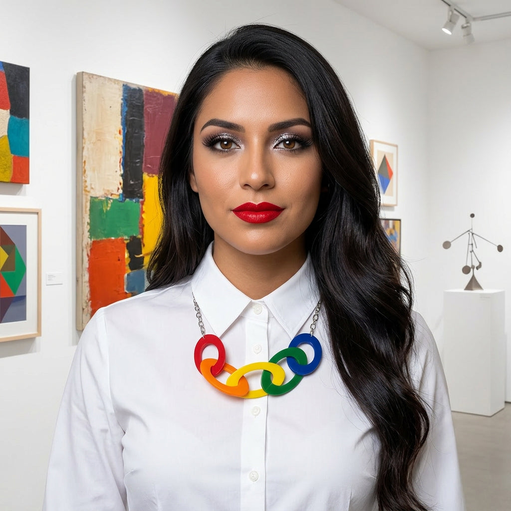 Woman wearing a colorful acrylic chain statement necklace in an art gallery setting