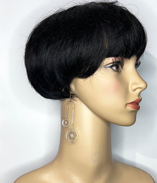 Glass bubble modernist inspired mobile earrings on mannequin head.
