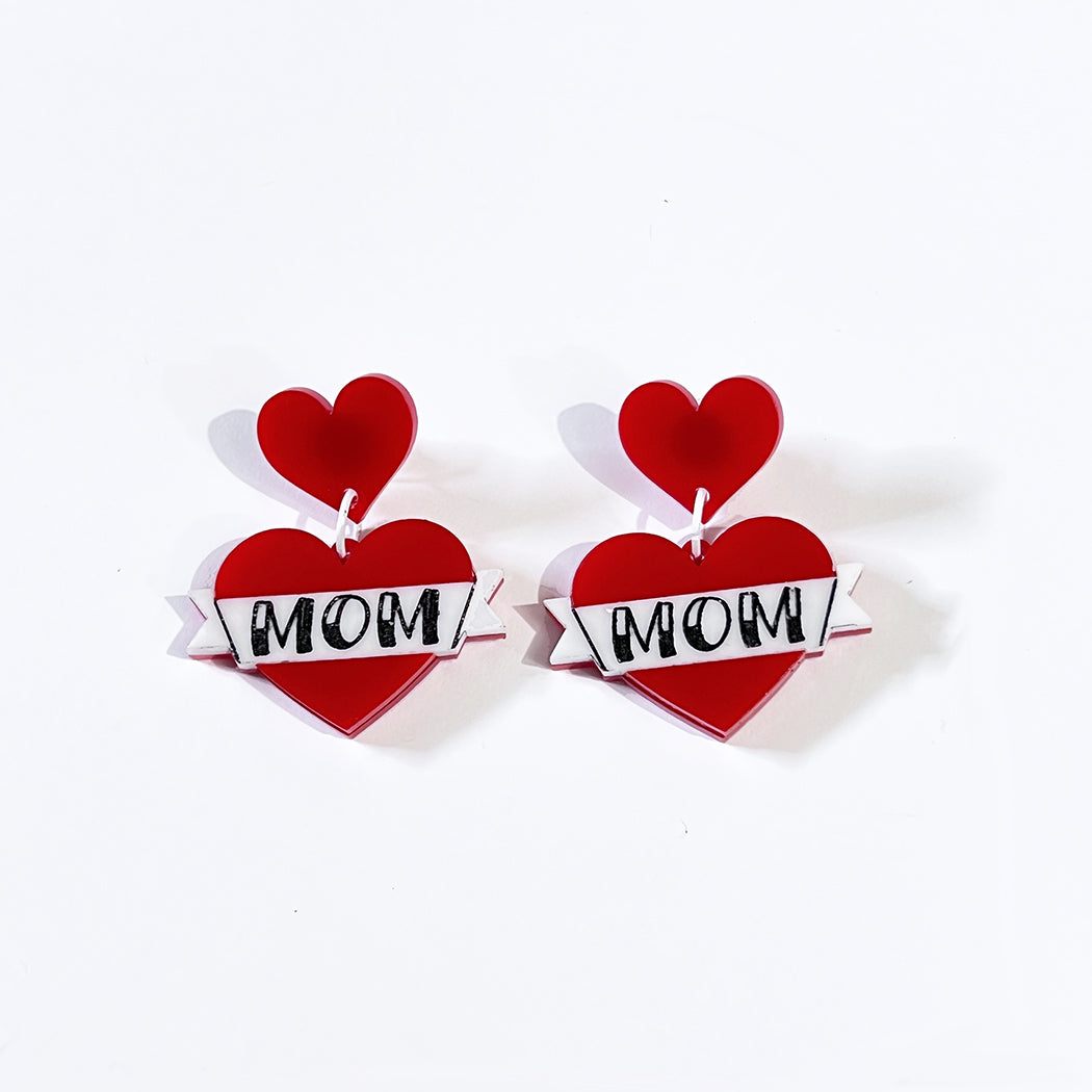 Old School Tattoo MOM Heart Earrings